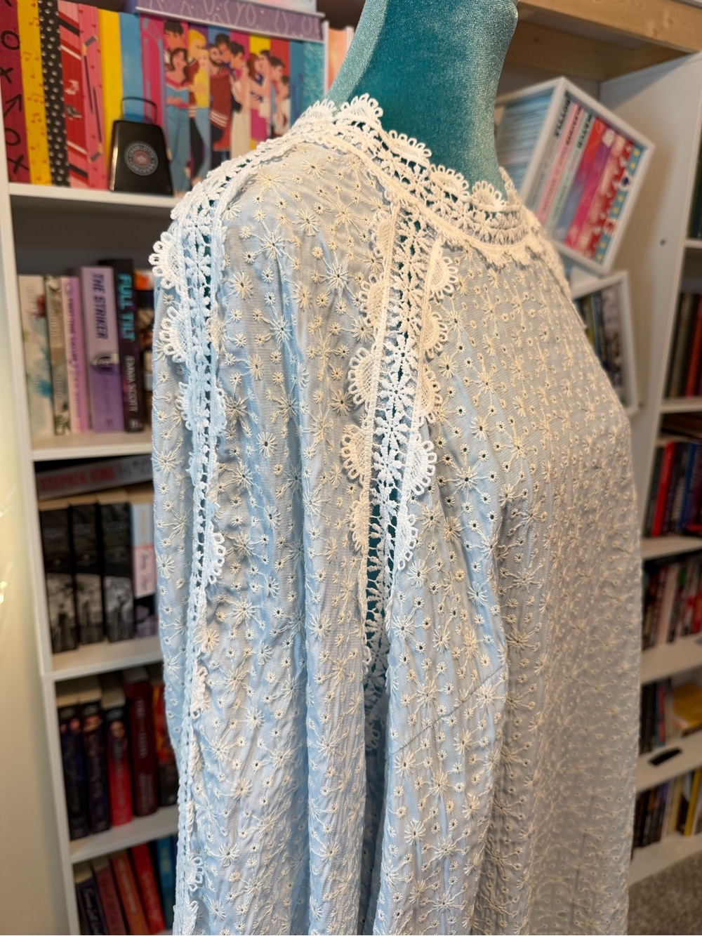 SHEIN Light Blue Eyelet Lace Long Sleeve Blouse - Picture 4 of 15